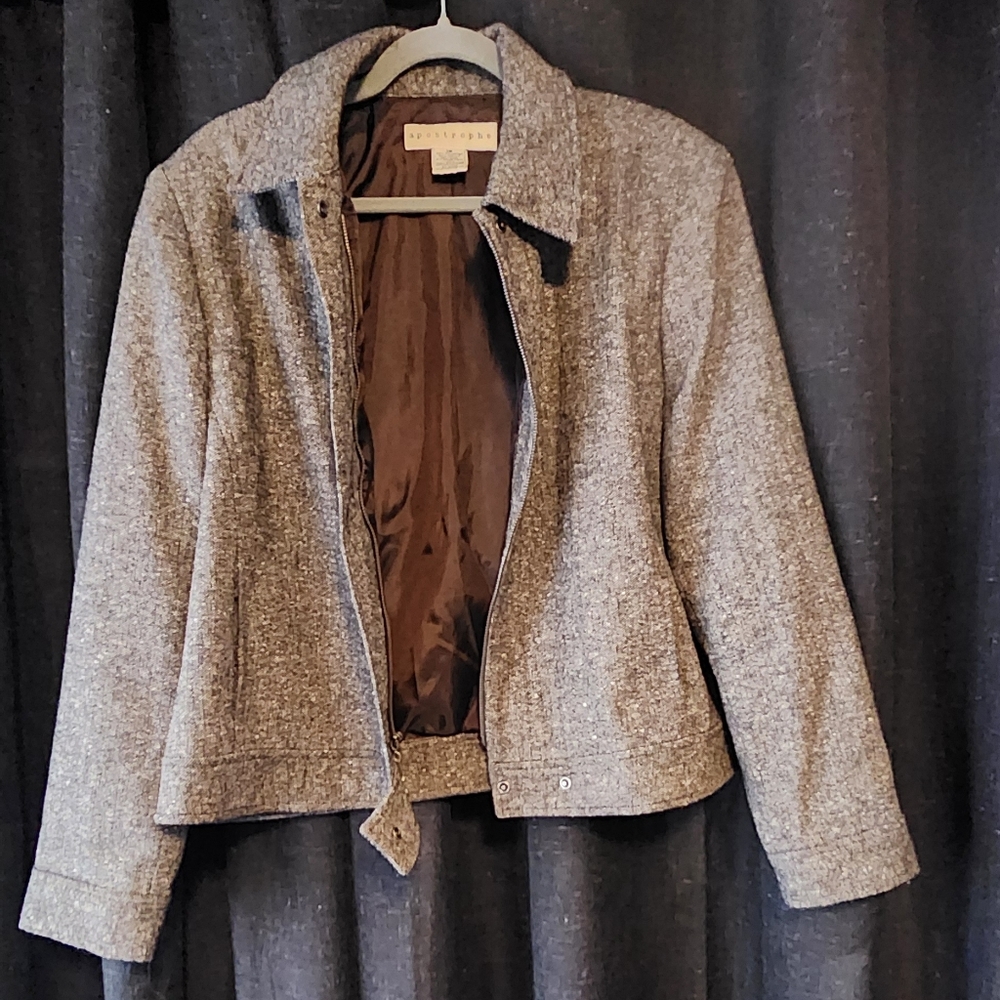 Apostrophe Women’s Wool‑Blend Tweed Jacket Size 18 – Brown Tan Zip & Button